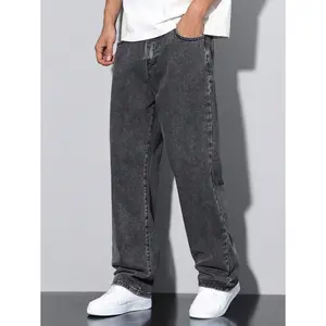 Loose Men Slant Pocket Straight Leg Jeans, Grey Baggy Jeans Men, Baggy Jeans Men Black, Men's Washed Baggy Jeans