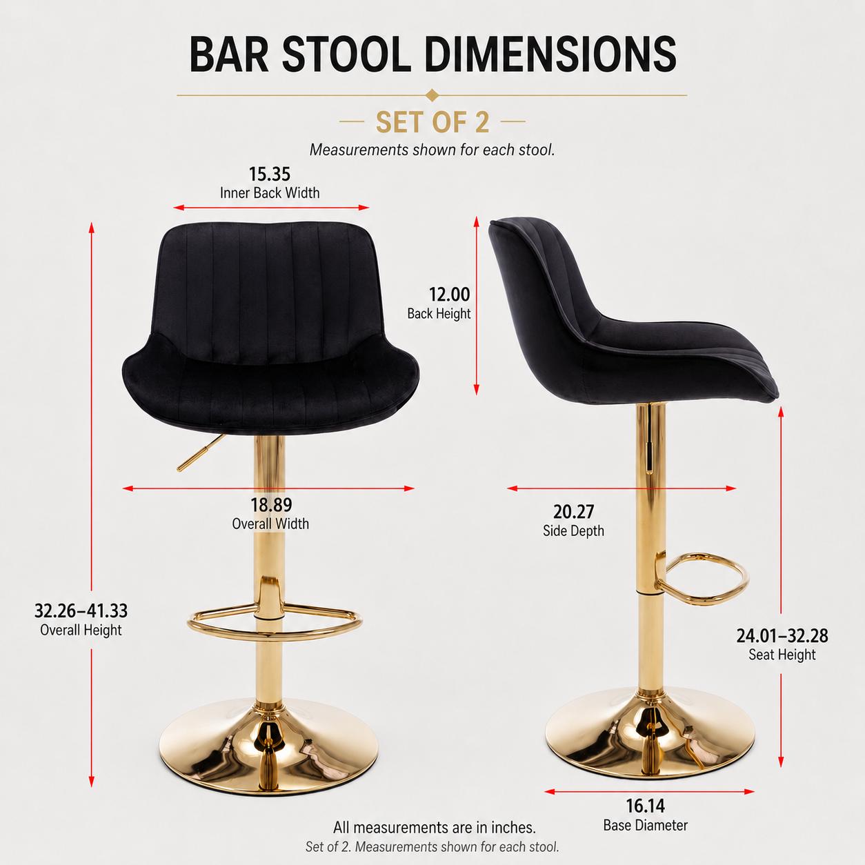 Fahuac Velvet Fabric Bar Stools (Set of 2) - Glam Look Swivel Seat Indoor Home Chairs with Height Adjust Function, Chrome Base, Golden Legs, Black Upholstery Fahuac Velvet Fabric Bar Stools (Set of 2) - Glam Look Swivel Seat Indoor Home Chairs with Height Adjust Function, Chrome Base, Golden Legs, Black Upholstery