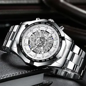 Quartz watch, black watch, round hollow steel band wristwatch, men's watch