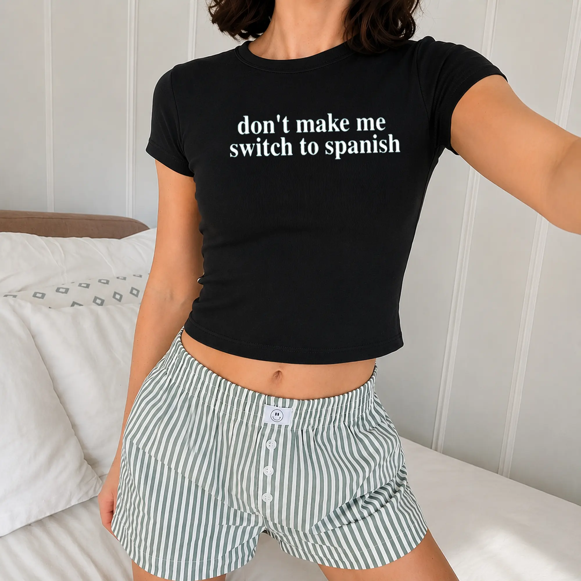 Don’t Make Me Switch To Spanish Shirt, Women’s Micro Rib Baby Tee Bella+Canvas 1010, Funny Spanglish Latina Graphic Shirt, Bilingual Spanish Humor Tee, Made in USA, 100% Cotton
