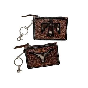 Longhorn Western Cowhide Leather Keychain Wallet - Genuine Hair On Cowhide Credit Card Holder & Change Coin Pouch with Zip Closure & 5 Card Slots