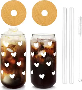 Iced Coffee Cups, Can Shaped Glass Cups, 20 OZ Hearts Cup  Glass, Love Can Couple Drinking Glasses, Glass Cup with   and Straws Valentines Cups Gifts- 2 Sets