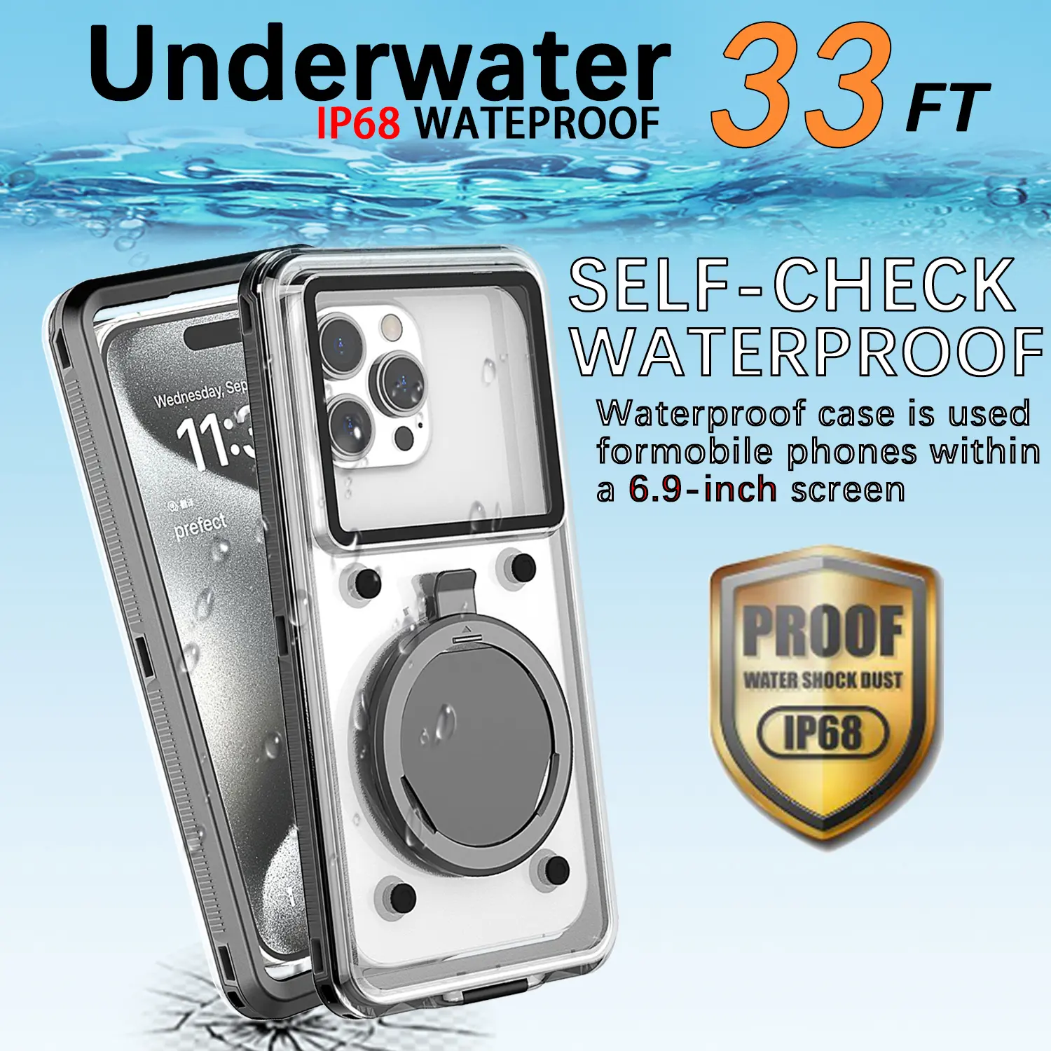 Self check IP68 Waterproof Phone Case for ALL Phone Model within 6.9-inch Screen,Dust Proof,Snow Proof,Shock Proof