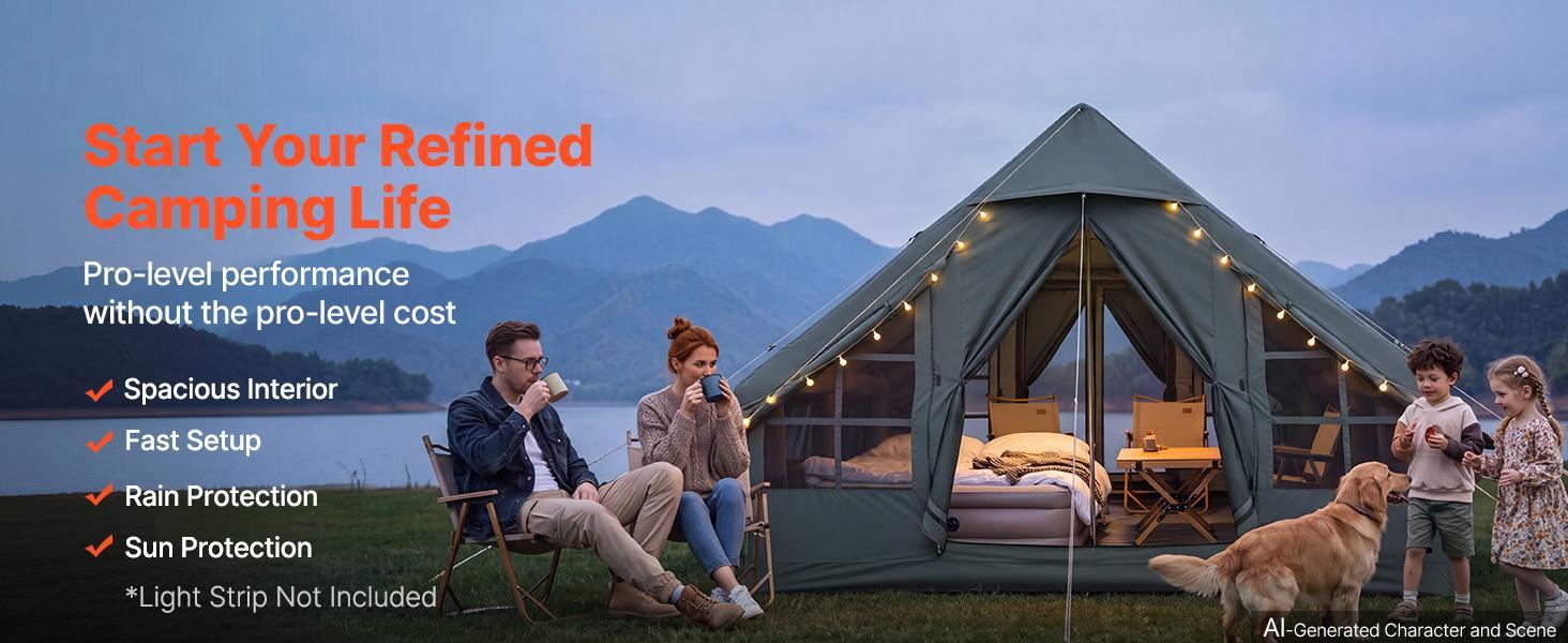 【BackToSchool】VEVOR Inflatable Tent for Camping 5-8 Person Blow Up Tent with Hand Pump, for Family Outdoor Glamping, Waterproof 420D Oxford, Easy Setup Air House with Skylight, Stove Jack, Mesh Windows & Carry Bag