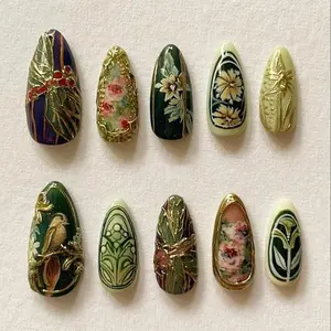 Handmade Vintage Garden Press On Nails | Birds, Floral Paintings, Golden Leaves & Art Nouveau Motifs | Nails For Elegant Artistic Vibe
