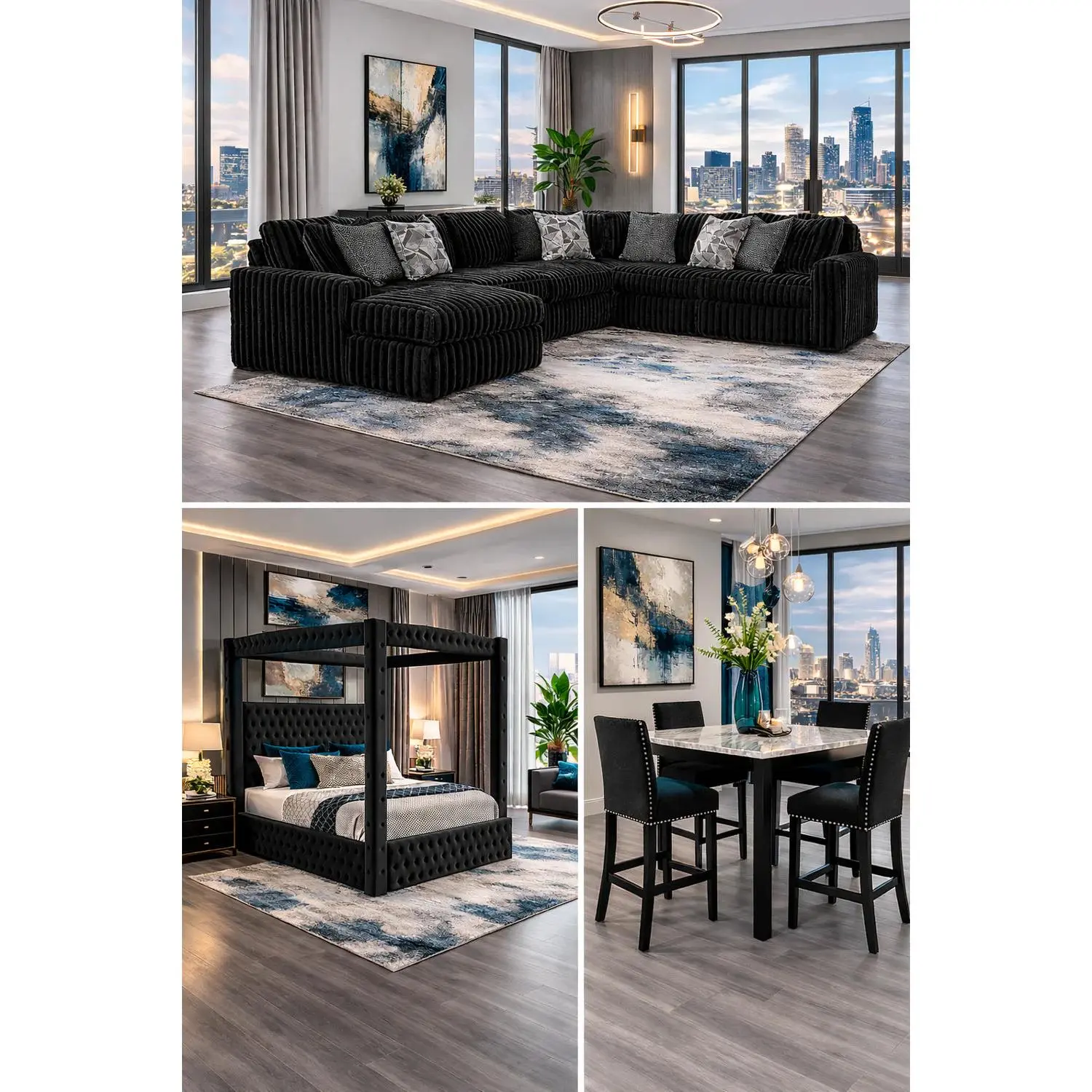 3 room package deal including Sectional Sofa, 5 PCS dining set and bed frame