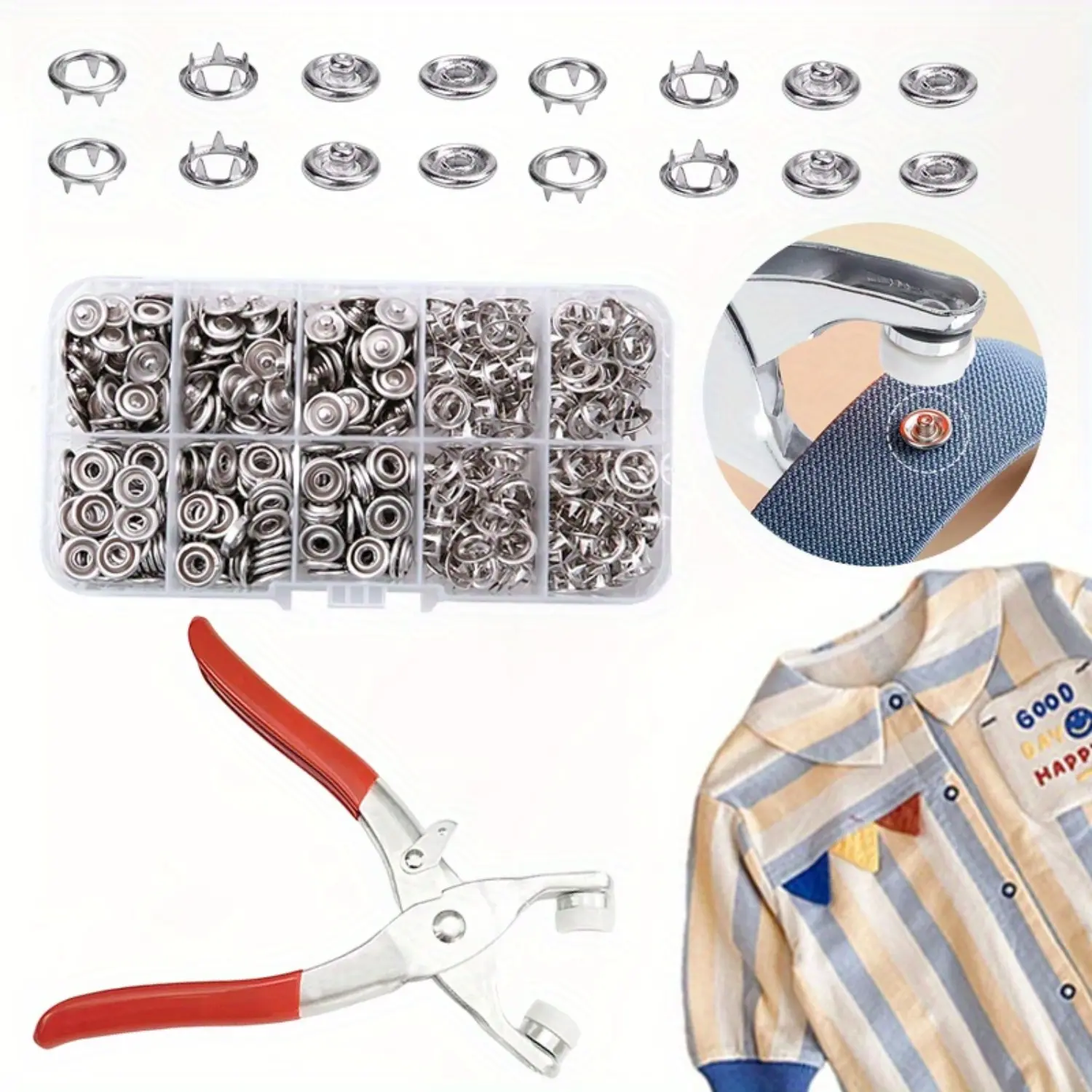 100 Sets Metal Snaps Buttons with Fastener Pliers Press Tool Kit Perfect for DIY Crafts Clothes Hats and Sewing,Snap Button Fasteners Kit for Clothing Sewing (9.5mm / 400 PCS),Hand tools,tool kit set,Halloween Decor Gifts,DIY Home tools