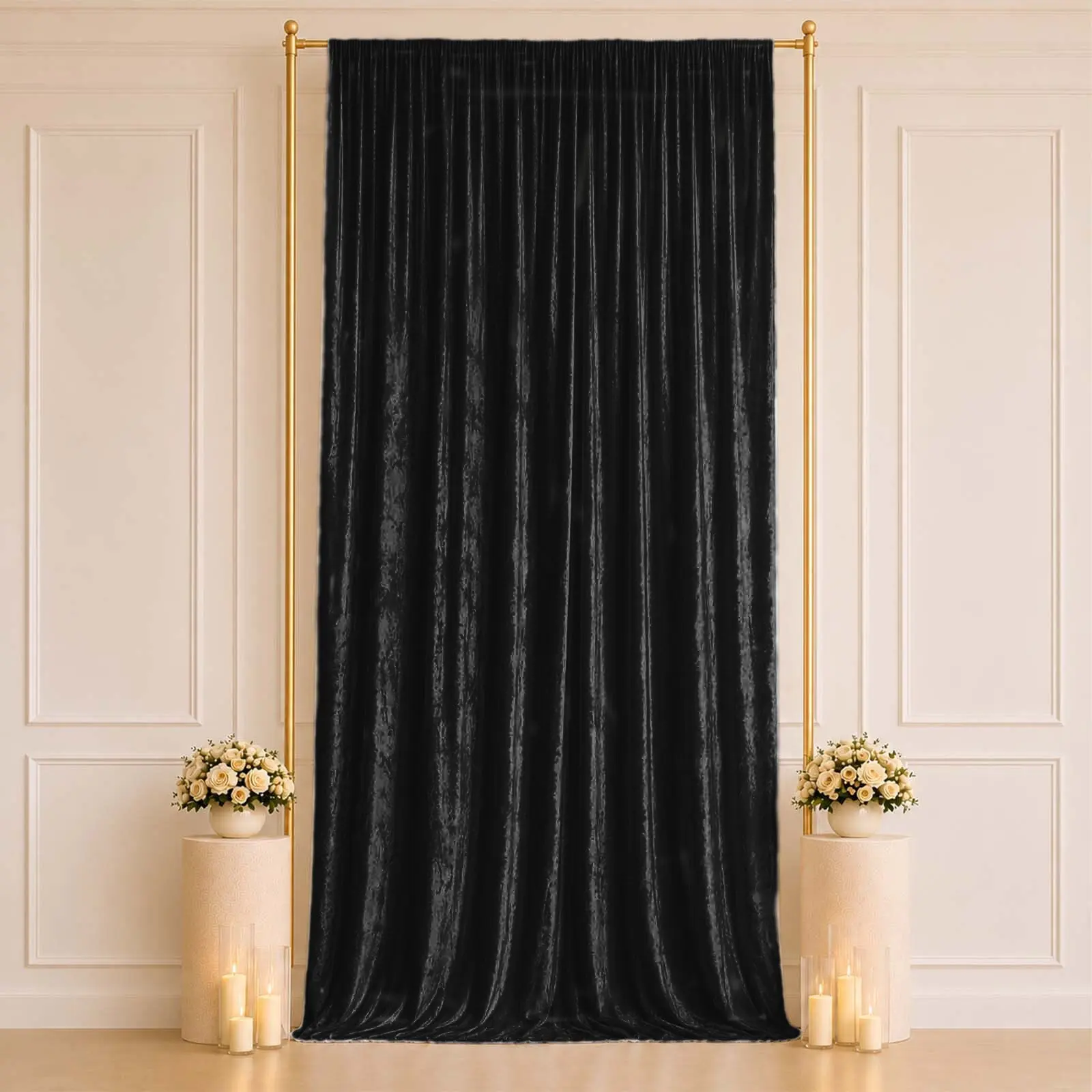 Black Premium Crushed Velvet Backdrop Curtain 5ft x 14ft – Event Drape Panel & Photo Booth Background with Rod Pocket, 70% Blackout