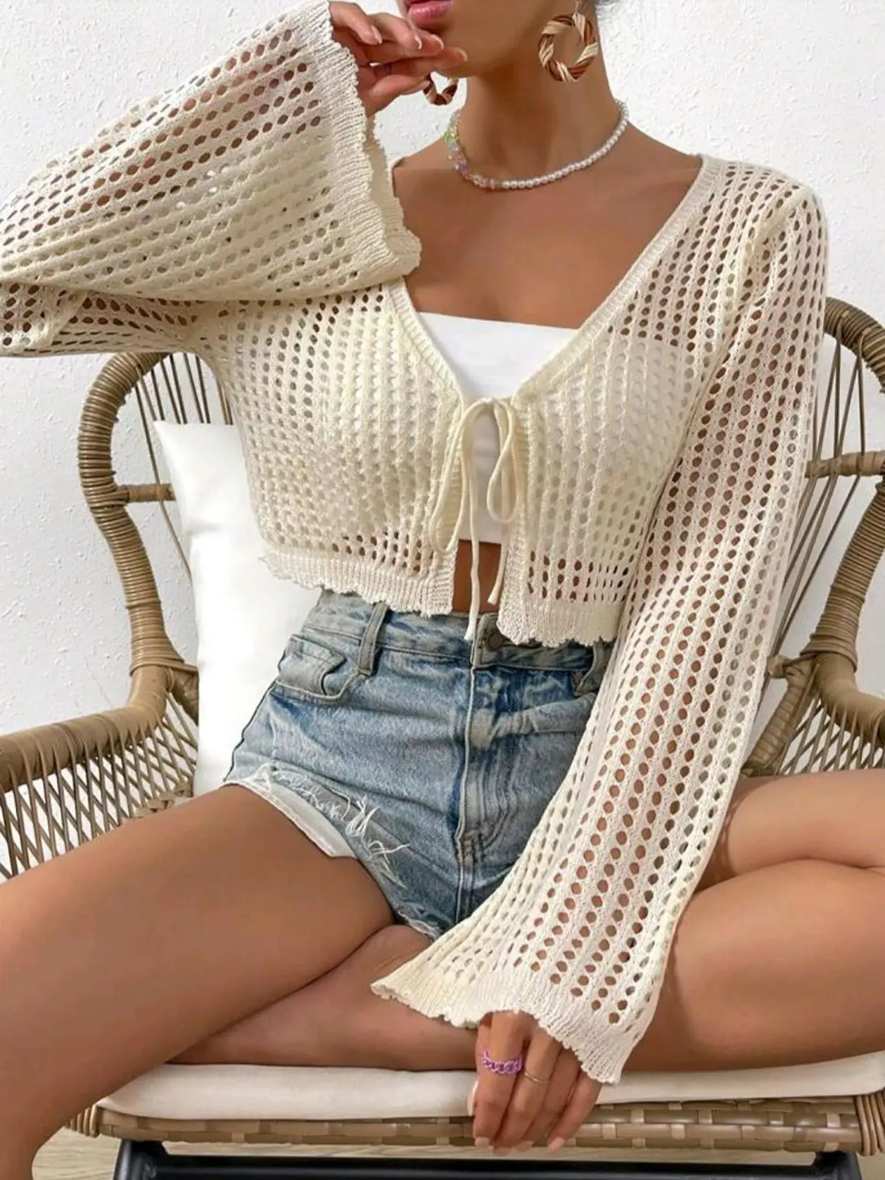Women's Plain Hollow Out Tie Front Crop Cardigan, Casual Flounce Sleeve V Neck Cover-Up Knitwear for Spring, Summer & Fall, Women's Knit Clothing for Daily Wear