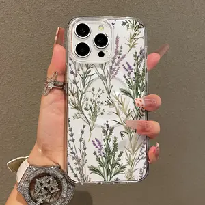 Trendy Magnetic Case for iPhone11/12/13/14/15/16/17/promax, Lavender Botanical Pattern Ultra Slim, MagSafe Support, Shockproof | Playful & Fun Style