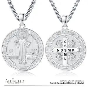Audinceed St Benedict Coin Pendant Necklace S925 Sterling Silver San Benito Necklace Religious Inspired Jewelry Christian Gift for Men Women Teens Birthday Anniversary