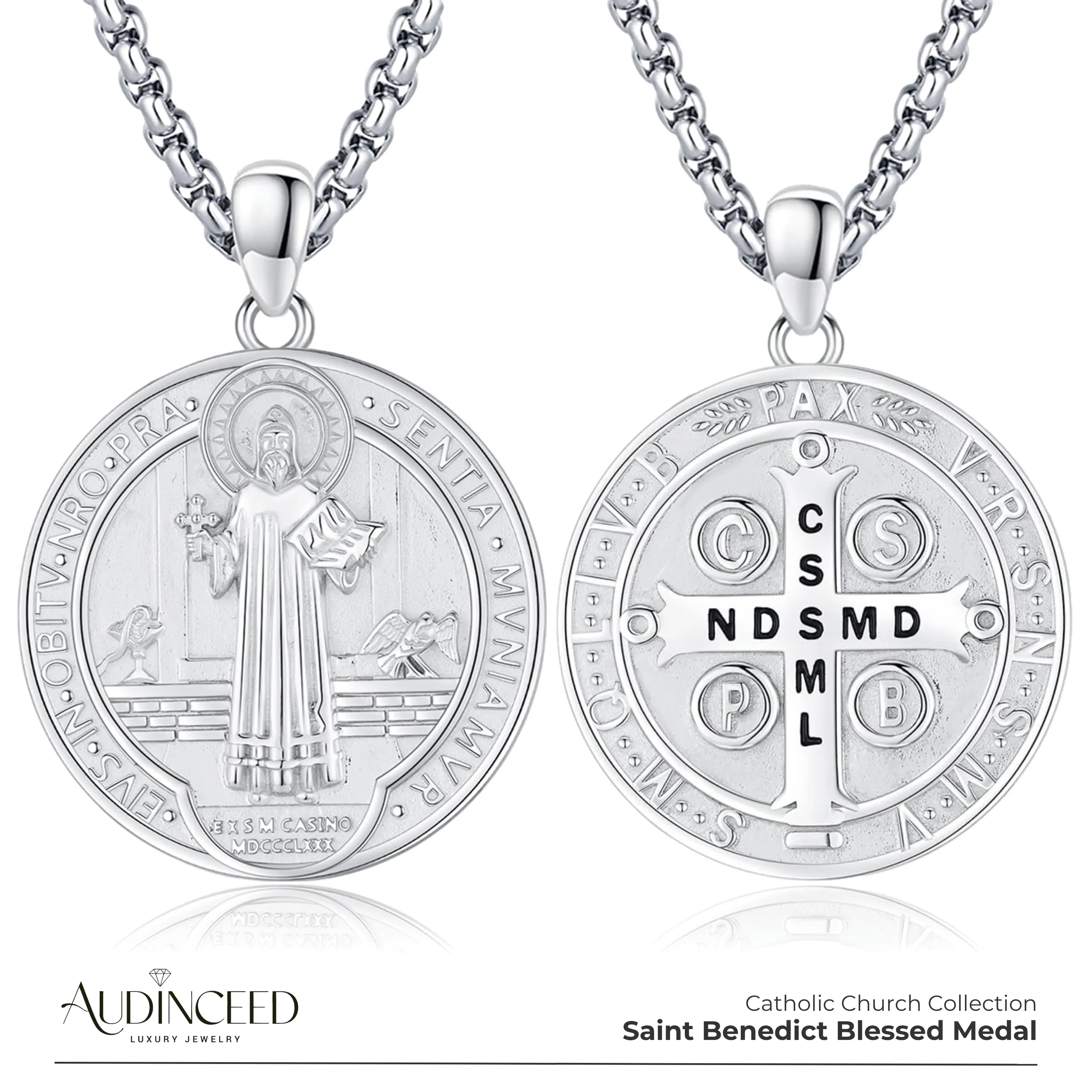 Audinceed St. Saint Benedict Medals Solid S925 Sterling Silver Luxury Necklace Pendant San Benito Medallas Plata 925, Christian Catholic Collar Colgan