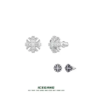 ICEGANG S925 Solid Silver Moissanite Iris Cross Flower Earrings Hypoallergenic Unisex Couple Trendy