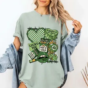 Comfort Colors Retro Western St. Patrick's Day Collage Shirt, Playful Coquette Lucky Shamrock Tee, Aesthetic Howdy St. Paddy Cowgirl Outfit, Trendy Vintage Lucky Horseshoe Design, Premium Oversized Southern Green Gift