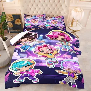 K-Pop Q Version Anime Idol Print Comforter Set, 1 Quilt and 1-2 Coreless Pillowcases, Virtual Boy Group Neon Stage Scene, Comfortable Fabric Bedding, Fan Culture Bedroom Decor, Gift for Fans