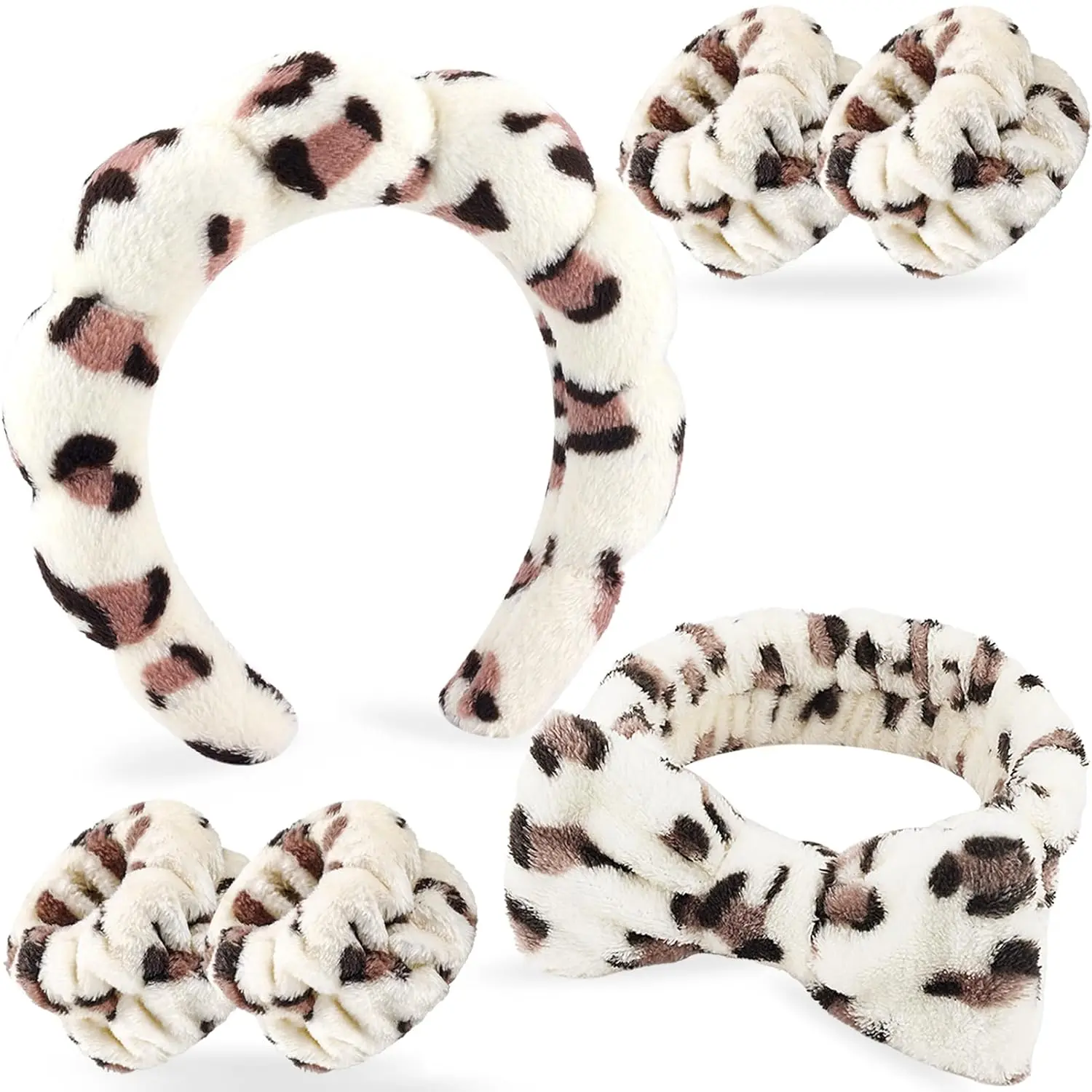 Women's 6-Pcs Leopard Print Spa Headband & Wristbands Set - Female Non-Slip Plush Fleece Padded Puffy Bow Tie Hairband, Bubble Puff Skincare Makeup Sponge Hair Accessory Gift (Beige)