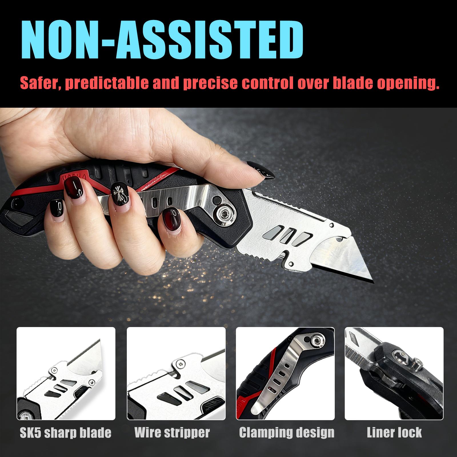 Heavy Duty Folding Box Cutter with 6 Blades, Quick Release Utility Knife, 3 Position Safety Cutter with Ergonomic Grip and Blade Storage for Cardboard, Vinyl, Carpet and DIY Use Heavy Duty Folding Box Cutter with 6 Blades, Quick Release Utility Knife, 3 Position Safety Cutter with Ergonomic Grip and Blade Storage for Cardboard, Vinyl, Carpet and DIY Use