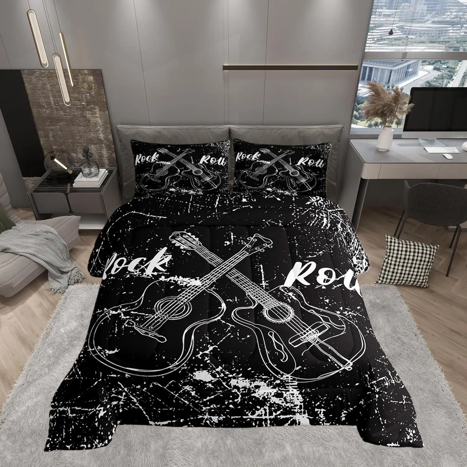 Rock Roll Music Comforter Set,Guitar Instrument Duvet/Quilt Set for Kids Boys Bedroom,Retro Abstract Graffiti Soft Microfiber Bedding Comforters