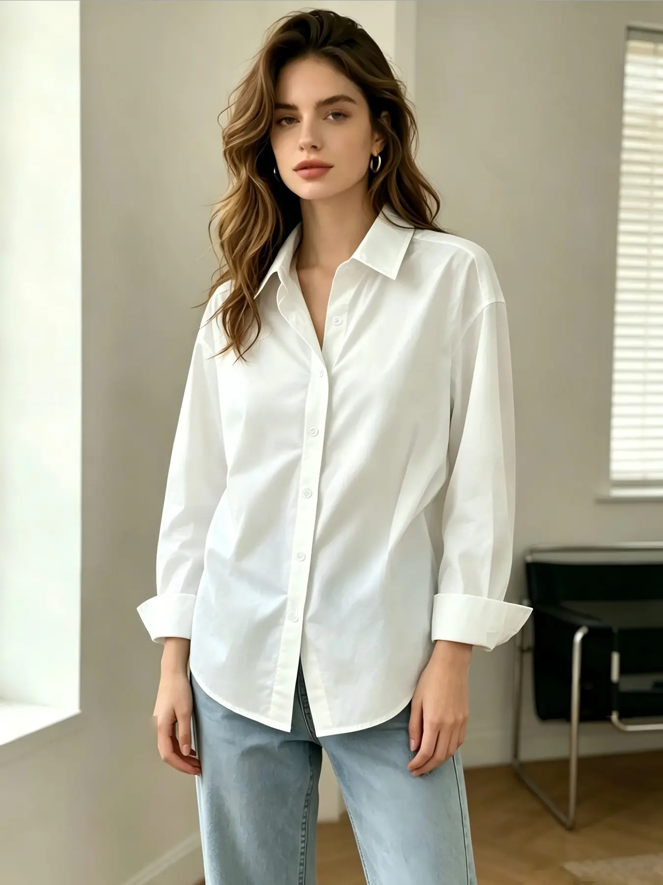 A fashionable Casual Basic white loose collared long sleeved Blouse shirt Top for women, classic pure white, simple and versatile, suitable for commuting to work, shopping and playing indoors and outdoors Womenswear