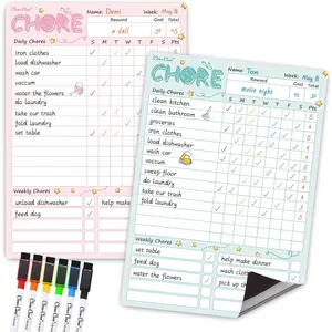 Magnetic Dry Erase Chore Chart 8.5"x12" Behavior Responsibility Chore Board for Kids Teenagers 6 Extra Fine Point Markers Included Shipped Flat 2 Pcs Blue & Pink