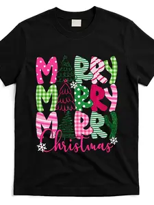 Women'S Black Christmas T-Shirt - Merry Christmas Graphic Tee with Pink & Green Holiday Colors, Short Sleeve Round Neck Top for Xmas Parties