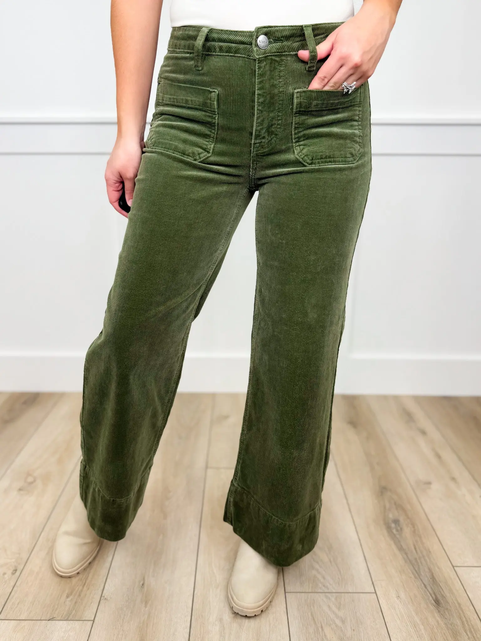 Women's Moss Corduroy Pants | High Waist Wide Leg Crop Bottoms in Stretch Cotton with Patch Pockets, Sizes to 3XL