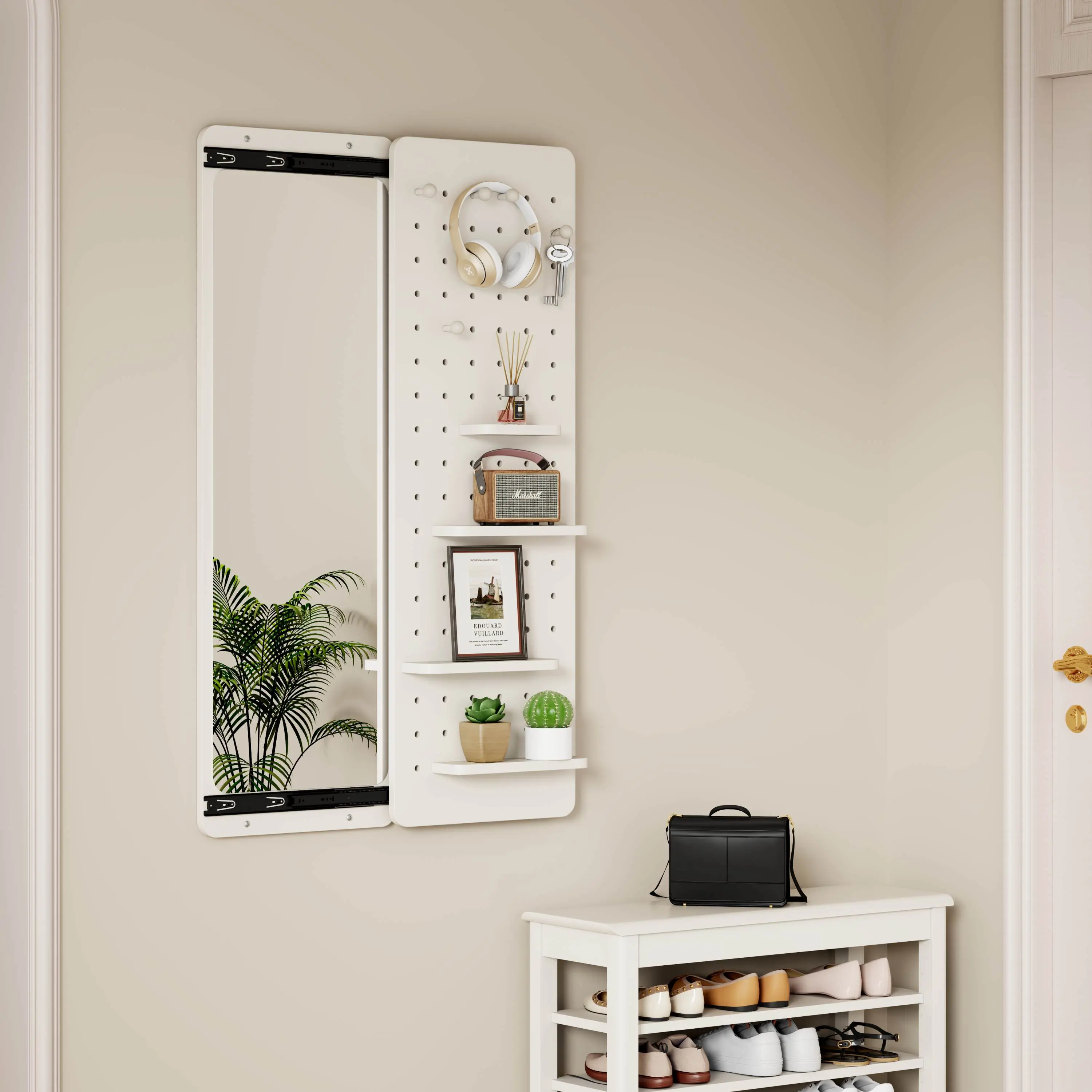 Wall-Mounted High-Def Rectangle Wooden Full-Length Mirror with Rubber Wood Mirror Shelf, Hooks, Removable Panels - Space Utilization Wall-Mounted Shelving for Entryway/Bedroom Small Spaces Home Decor