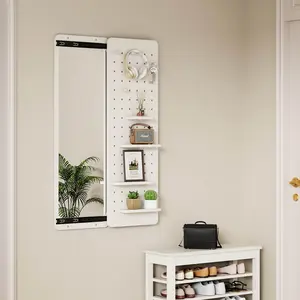 Wall Mounted Full Length Mirror with Shelf and Hook Multifunctional Design Panel