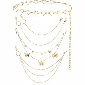 5 Pieces Chain Belt Jeans Pants Pocket Waist Multi-Layer Hip Hop Metal Wallet Chain for Men Women