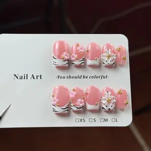 10pcs high-end Pink girlish style, hand-painted three-dimensional carvings, decorated with small gold beads handmade press on fake nails