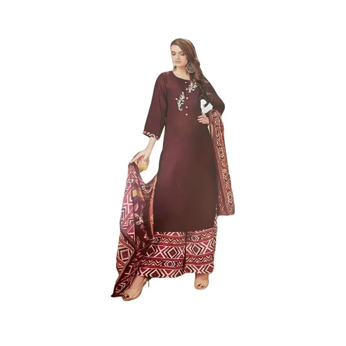 #PL3-3 Elegant  Rich Maroon 3‑Piece Suit Set | Embellished Kurta + Printed Palazzo + Matching Dupatta