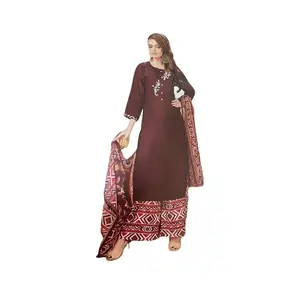#PL3-3 Elegant  Rich Maroon 3‑Piece Suit Set | Embellished Kurta + Printed Palazzo + Matching Dupatta