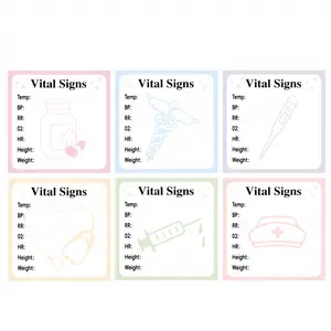 6 or 12 self-adhesive medical vital signs recording pads, Sticker, including heart rate, blood oxygen saturation, body temperature, height/weight fields, are used in nursing, pediatrics, clinics and hospitals-for rapid patient evaluation and recording.