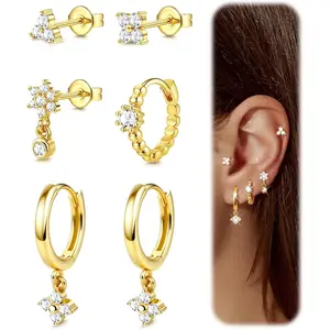Women's 6-Piece 14 Karat Gold Plated Stud Earrings Jewelry Set - Trendy Chunky Huggie Hoops, CZ Cartilage Studs, Hypoallergenic Dangle Chains for Helix, Double Stacked Ear Stack Piercings with Gold Details, Helix Piercing Earrings
