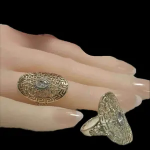 Almond Style Gold Plated 14k Ring High Quality Fashion Jewelry for Women with Intricate Greek Key Design and Center Gemstone available size 6-10