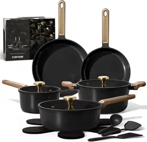 Ceramic Cookware Set Nonstick, 16pcs Pots and Pans Set Nonstick, Non-Toxic & PFAS-Free, Dishwasher, RV/Camping Cookware Set, Cooking Pots with Lids, Charcoal Black