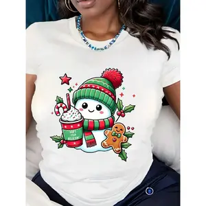 Plus Size Christmas Snowman T-Shirt Cute Snowman With Hot Chocolate And Gingerbread Print Don't Stop Believin' Holiday Party, Casual Wear,220g