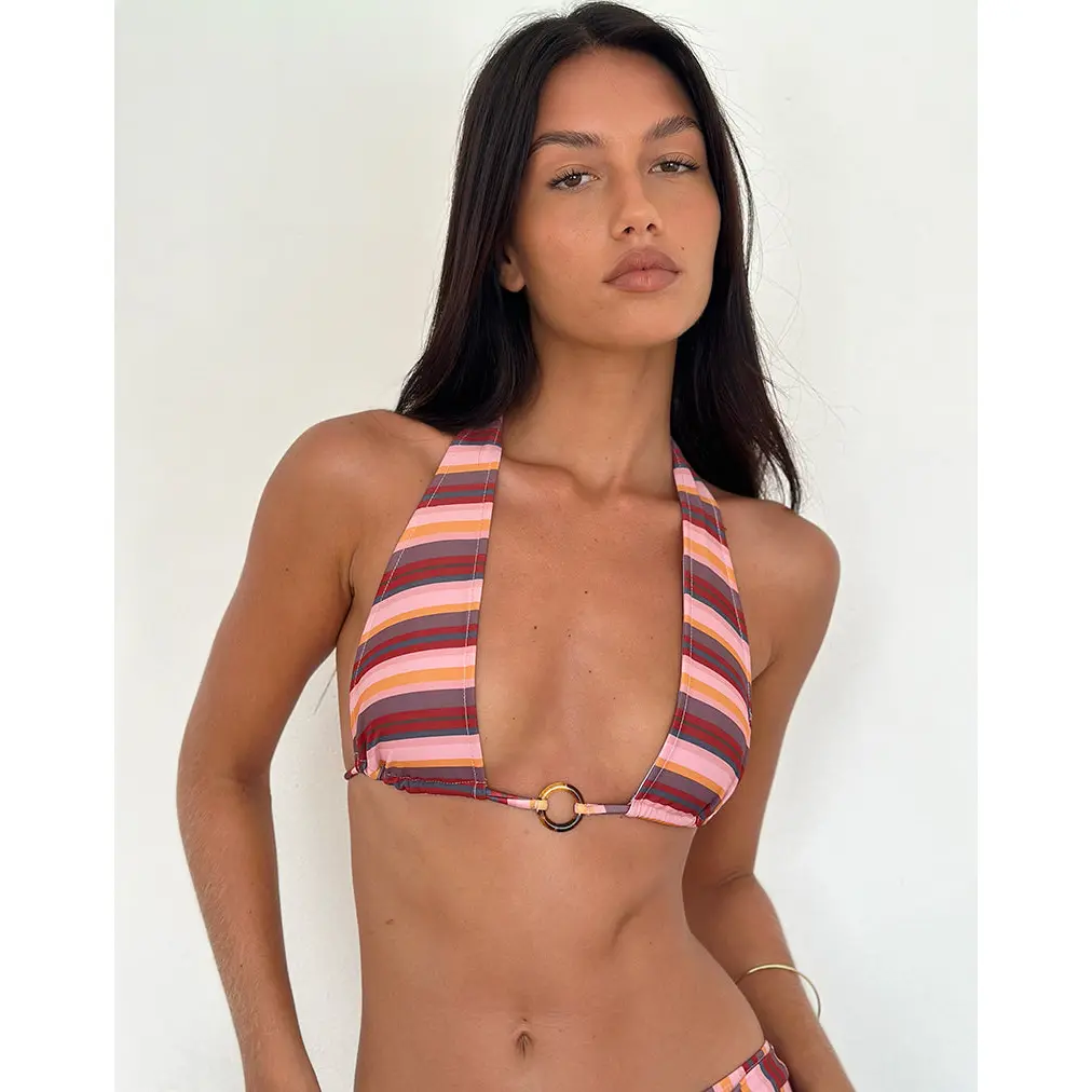 Cerry Bikini Top with Bead in Horizontal Mix Stripe