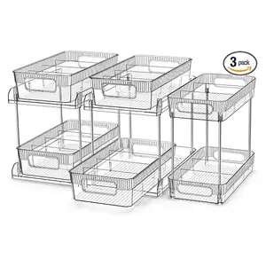 2 Tier Bathroom Organizer with Dividers,3 Set Clear Under Sink Organizers Storage Slide Out Bathroom Vanity Counter Storage Container for Kitchen Pantry Cabinet Closet, Medicine Organizer Boxes Metal Drawer Gift Hand Stainless