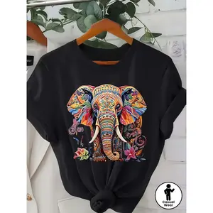 -  - A Stylish Casual Round-Neck T-Shirt For Women In S, Featuring An Elephant Pattern With Exotic And Ethnic Floral Designs, Perfect For Spring And Summer