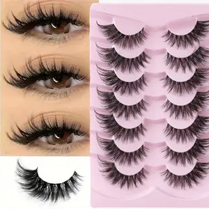 Cat Eye False Eyelashes, 7 Pairs Wispy Look Faux Cluster Lashes, Natural Curling Makeup Strip Lashes for Women & Girls Eye Makeup Enhancement, Fluffy Eyelash Clusters