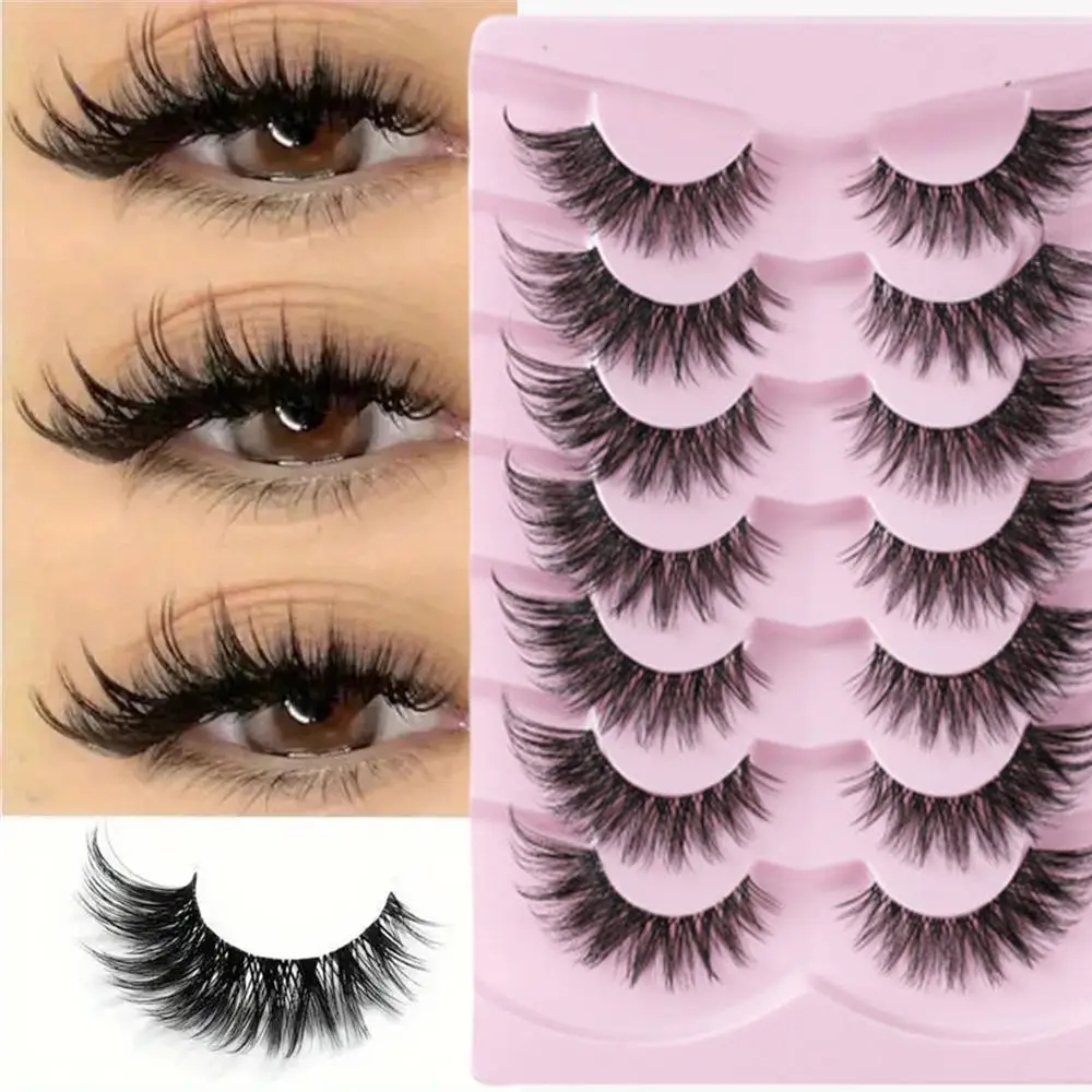Cat Eye False Eyelashes, 7 Pairs Wispy Look Faux Cluster Lashes, Natural Curling Makeup Strip Lashes for Women & Girls Eye Makeup Enhancement