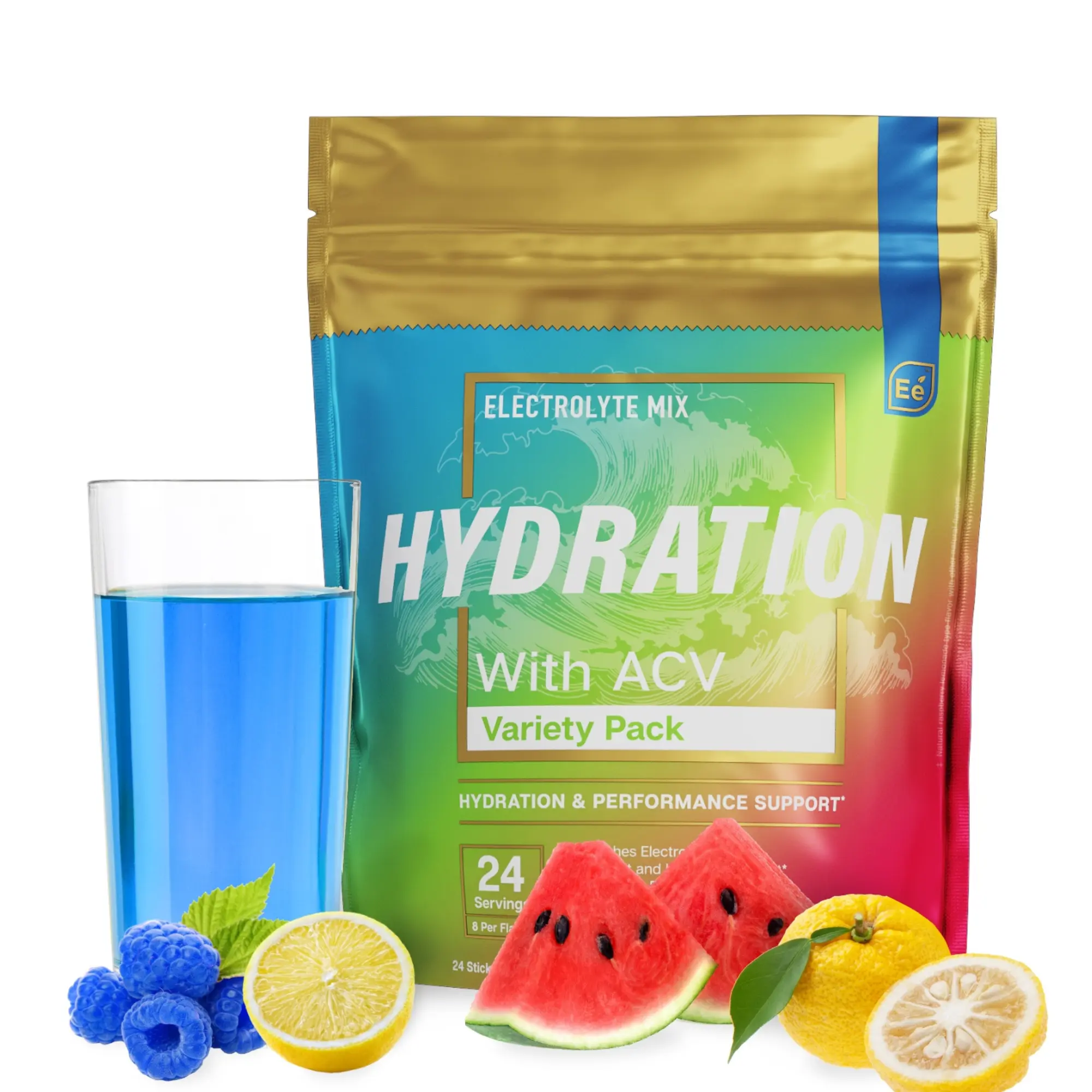 Essential Elements Hydration Packets - 24 Stick Packs of Electrolytes Powder with ACV & Vitamin C - Blue Raspberry Lemonade, Watermelon Cucumber & Yuzu Lime