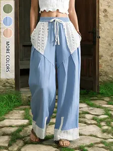 Vintage Boho Aesthetic Wide Leg Pants, Drawstring Adjustable Waist, Lace Trim, Loose Fit, Comfortable Casual Long Pants, All Seasons Wear