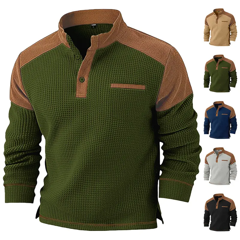 New winter men's long-sleeved sweatshirt with mock pockets, casual patchwork design, and a stand collar.