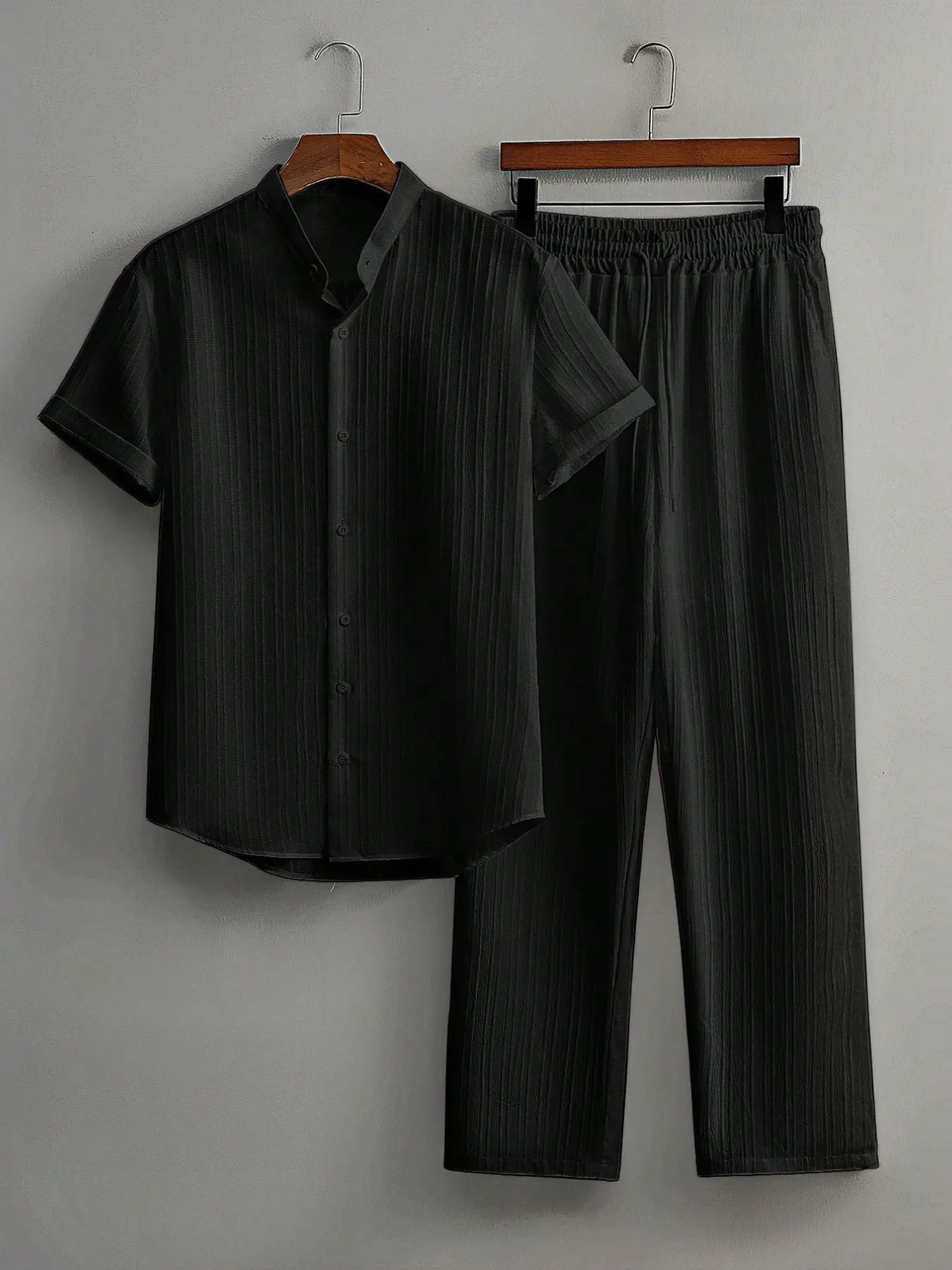 Men's Summer Casual Commuter Cuban Collar Long Pants Set, Button Design, Comfortable Fit, Stylish and Practical