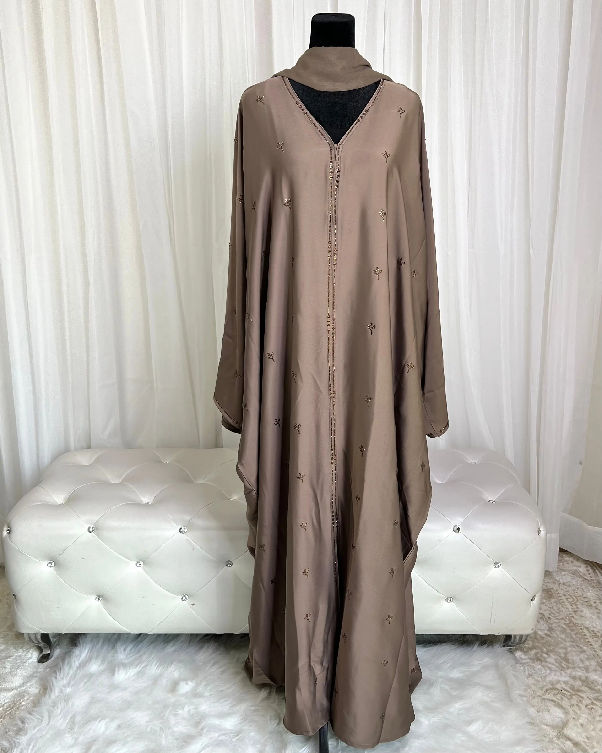 Razan Open Batwing Abaya in Nida Fabric with Glimmer Stone and Chiffon Headscarf Included