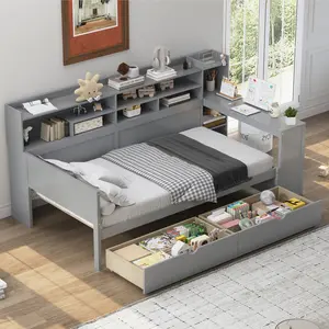 Daybed with Storage Shelves, Multi-functional Bed with Two Storage Drawers and  Study Desk,