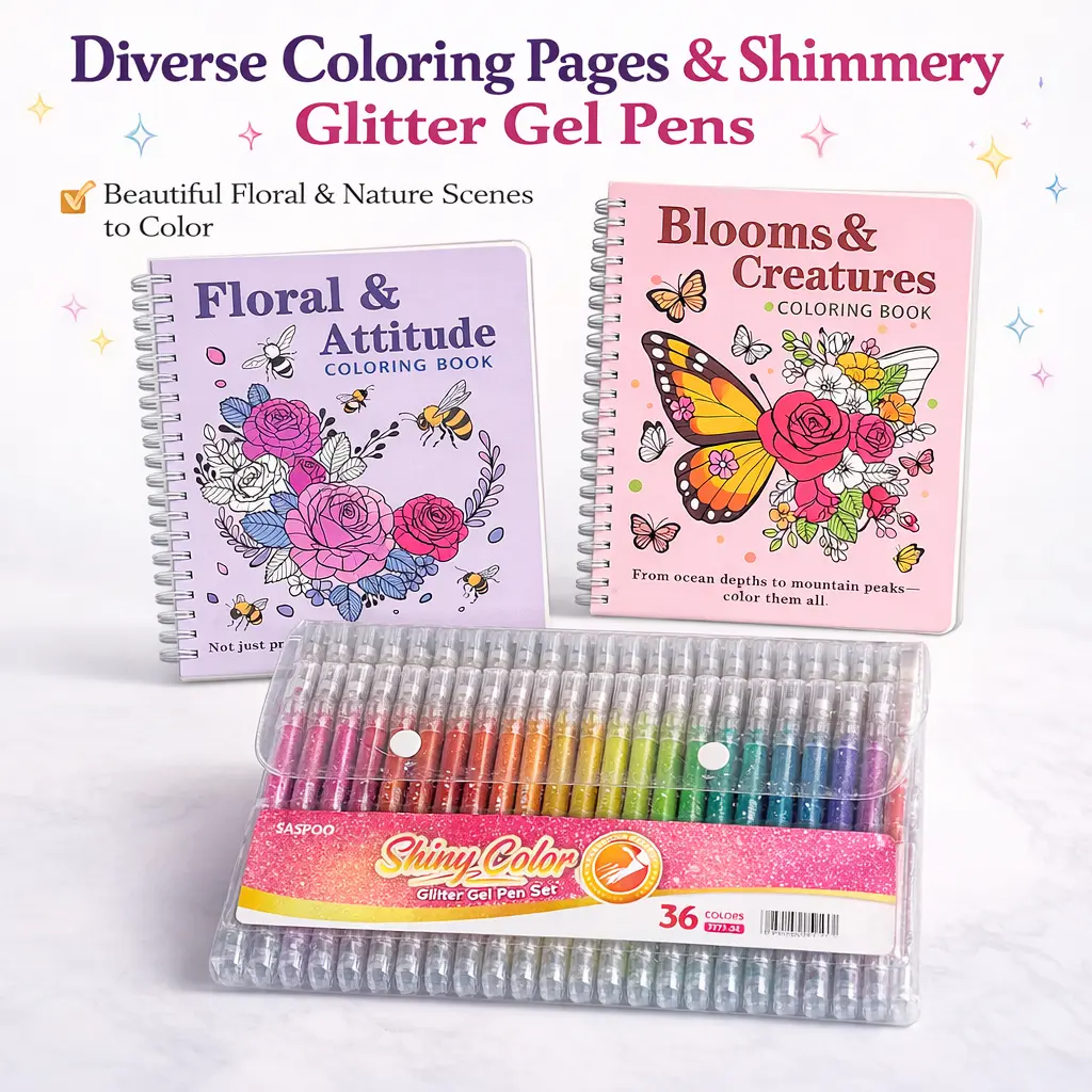 Adult Coloring Book Gift Set – 2 Coloring Books + 36 Glitter Gel Pens, Floral & Nature Designs, Stress Relief Art Kit for Relaxation & Creativity, Art Crafting Kit, Art Materials