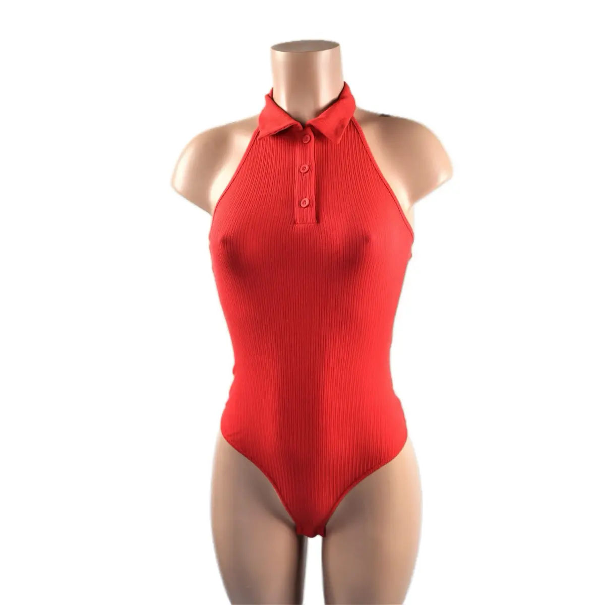Collared Button up Suit Bodysuit Ribbed Womenswear Navy Blue Women